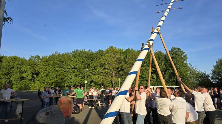 Die Burschen der Biwwere Krähre stellen den Maibaum auf