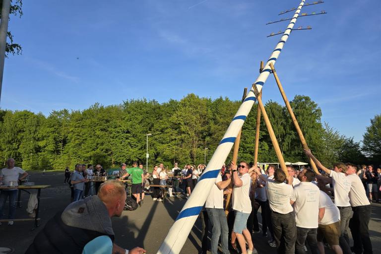 Die Burschen der Biwwere Krähre stellen den Maibaum auf